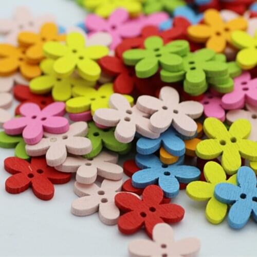 100pcs Colorful Flower Flatback Wooden Buttons Sewing Scrapbooking Craft