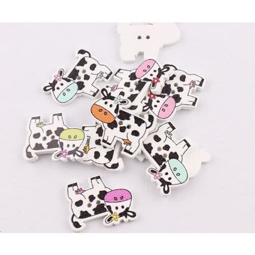 2 Holes Mixed Wooden Button Cute Cow pattern Scrapbook Craft Buttons Mix 50pcs Garment Botoes Accessories 22*27mm