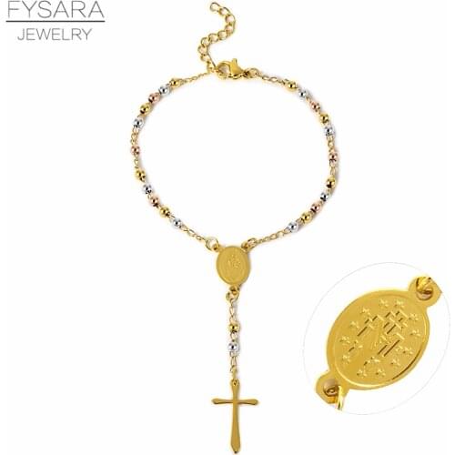FYSARA Religious Christian Stainless Steel Bead Bracelet Cross Pendant Chain Pulseiras Rosary Bracelets For Women Accessories