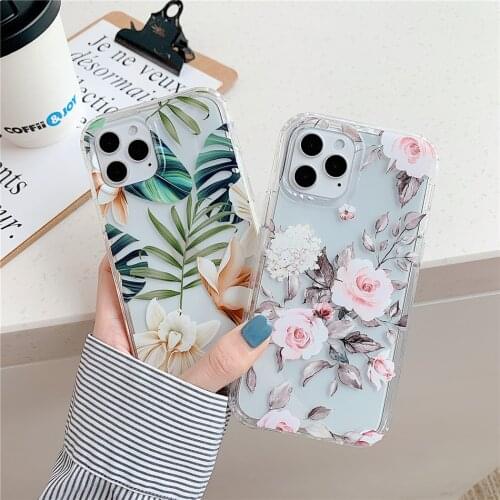 Thicken Shcokproof Banana Leaf Pink Rose Flowers Butterfly Phone Case For iPhone X 7 8 Plus SE 2 XR XS 11 12 Pro Max Clear Cover