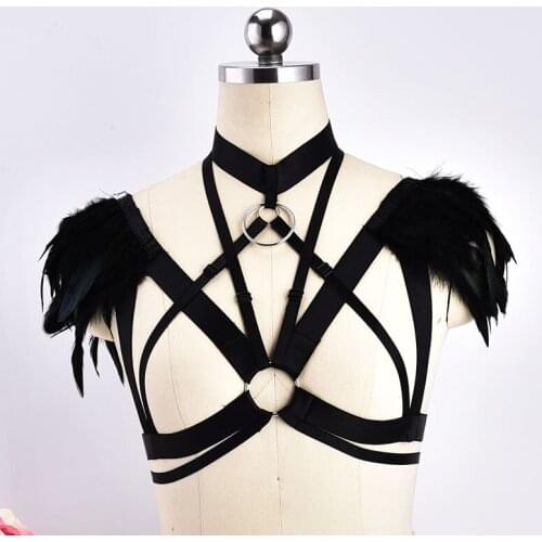 Festival Goth Steampunk Festival Feather Epaulettes Bondage Crop Top Cage Bra Rave Top Sexy Body Harness Punk Lingerie Bodysuit