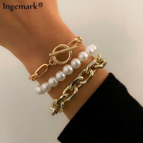 3Pcs/Set Vintage Lock Chain Bracelets Set Bijoux Femme 2021 Boho Imitation Pearl Lariat Bangles Bracelet Charm Couple Jewelry