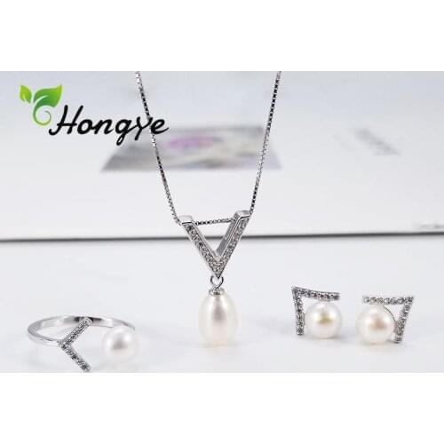 Hongye Pearl Sets for Women Initial v Silver 925 Necklace Quality Zircon Earrings Rings Female Jewelry Kits 2020 New Arrivals