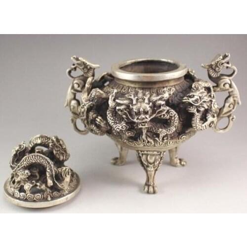 Royal silver Copper Refined Nine Dragon incense burner censer