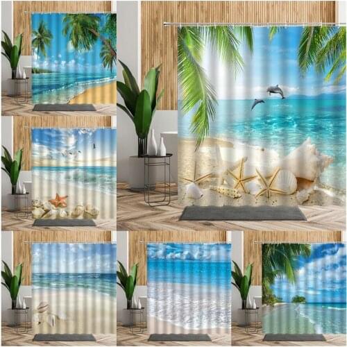 Summer Beach Vacation Scenery Shower Curtain Dolphin Coconut Tree Starfish Shell 3D Printing Bathroom Waterproof Bath Curtains