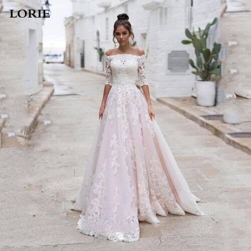 LORIE Light Pink Lace Wedding Dresses Off The Shoulder Half Sleeve Princess Bridal Gowns White Appliques Vestido de noiva