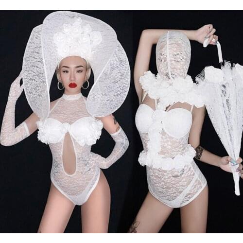 Nightclub Women DS DJ Clothes Sexy Lace Bodysuit Big Hat GoGo Dance Costume Rave Party Festival Clothing Stage Outfits BL3249