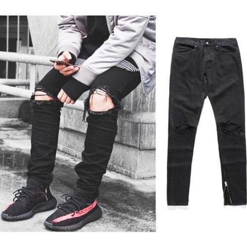 High quality 2017 fashion mens jeans hole Full Length pants ankle zipper cool black jogger damage hip hop rock star Casual jeans