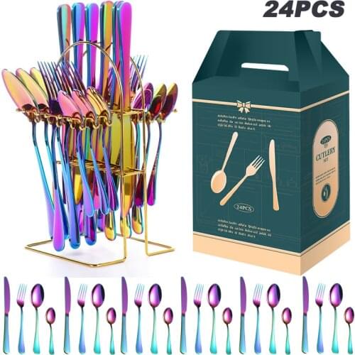 24Pcs Portable Stainless Steel Cutlery Set Forks Spoons Knives Tableware Home Restaurant Dinnerware Kit