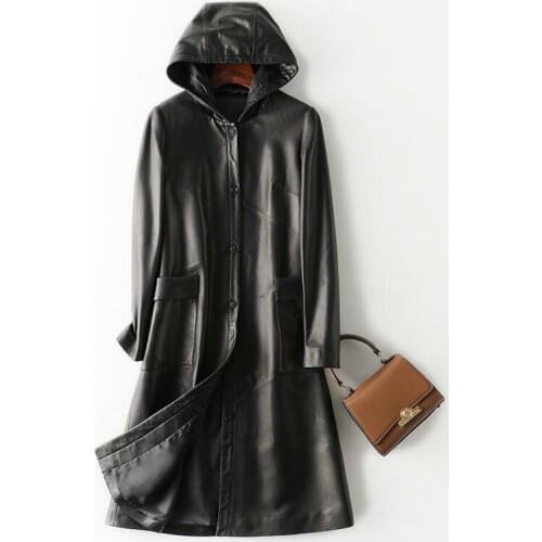 2020 New Genuine Leather Jacket Women Hooded 100% Sheepakin Coat Korean clothes Long Windbreaker Campera Mujer CF19-2306 KJ3428