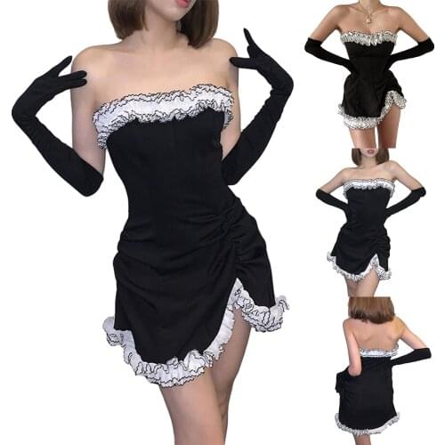 2021 New Women Sexy Close-fitting Dress, Black Boat Neck Sleeveless Off-the-shoulder Skirt with Gloves