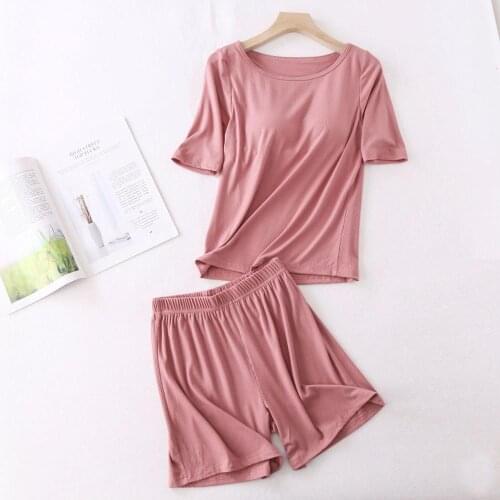 New Modal Thin Pajamas Womens Summer Short-Sleeved Short Pants Suit With Chest Pad Cup Casual Stretch Loose Home Clothes