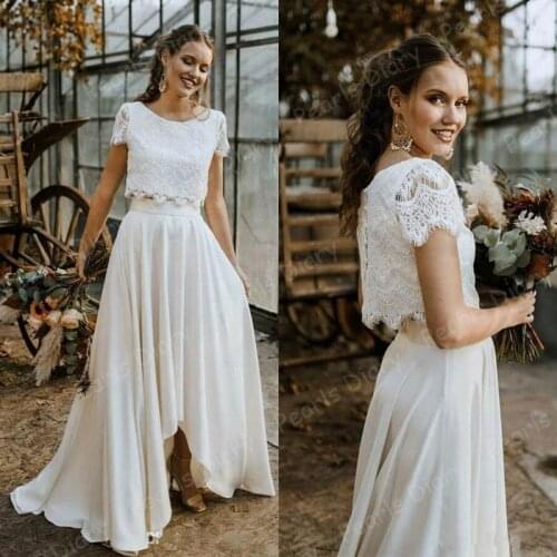 Vestidos De Novia Bohemian Wedding Dresses With Two Pieces2021 Lace Appliques Short Sleeve Bridal Gown Robes Beach Bride Dress