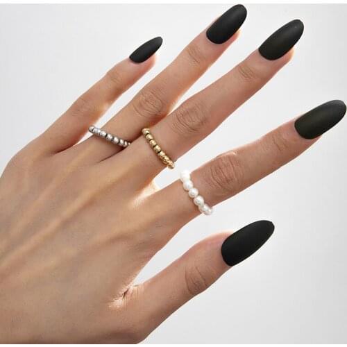 Simple 3-Piece Set Elastic Rope Adjustable Ring Charming Gold Silver Color Beads Pearl Ring Elegant Wedding Party Jewelry Gift