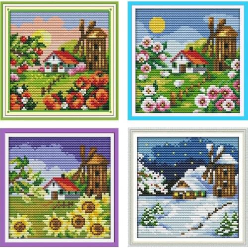 Joy Sunday Stamped Four Seasons Landscape Cross Stitch Kit 11CT 14 CT DIY Hand Embroidery Crafts Needlework Material Package Set