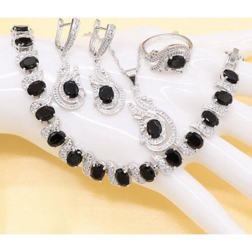 Silver Jewelry Sets For Women Black Semi-precious Earrings Bracelet Rings Necklace Pendant Bridal Wedding Jewelry