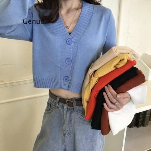 Womens Cropped Cardigan Sweaters Female Black White Short Sweater V Neck Single Breasted Sweater Woman Knitted Korean Tops