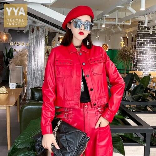 Genuine Leather Short Jacket Women Heart Rivets Single Breasted Sheepskin Coat Street Casual Red Black Female Motorcycle Jackets