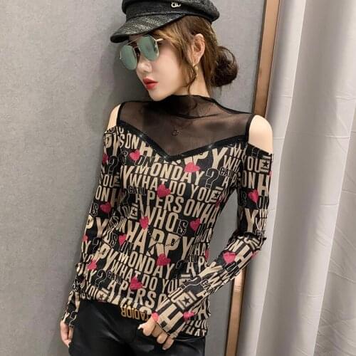 Plus Size Women Autumn Shirts Elegant Party 2020 New Cotton Shirts Office Lady Full Diamonds Letter Turtleneck Mesh Tops Shirts