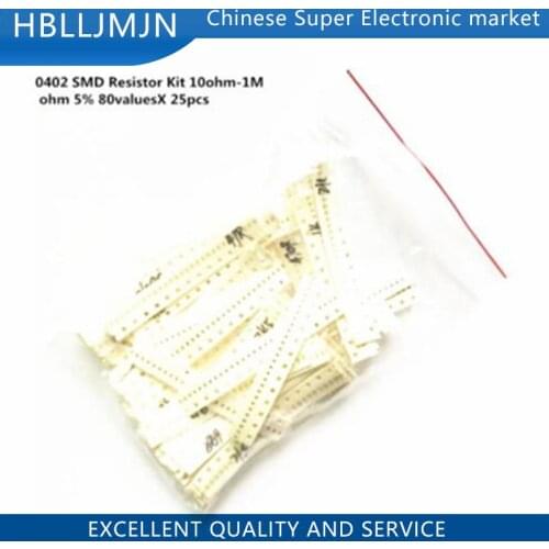 2000pcs 0402 SMD Resistor Kit Assorted Kit 10ohm-1M ohm 1% 80valuesX 25pcs=2000pcs Sample Kit