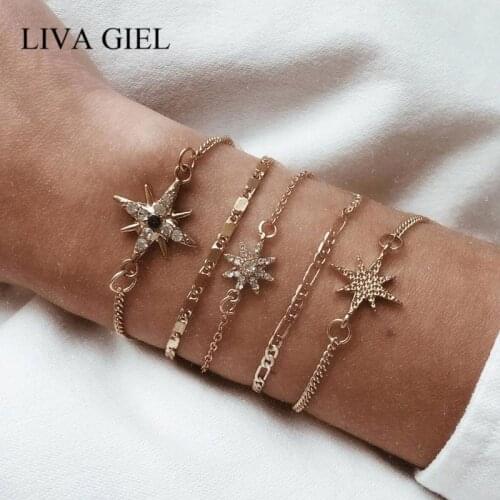 5 Pcs /Set New Full Zircon Big Star Bracelet Set for Women Multi-layer Chain Charm Cuff Bracelet Bangles Christmas Jewelry