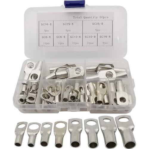60Pcs/Box SC Bare Crimp Terminals Lugs Tinned Copper Tube Ring Solder Wire Connector Kit SC6 SC10 SC16 SC25 Electric Lug Adapter