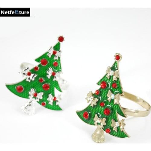Free Shipping Green Christmas Tree Napkin Rings Golden/Silver Metal Material Napkin Holder For Christmas Restaurant Hotel 6PCS