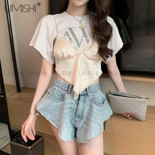 Lace Fake Two Hollow Out Short Sleeve Crop Top T Shirt Women Ruffle Hem Loose Ruched Sexy Mini Jeans Casual Summer Fashion 2021