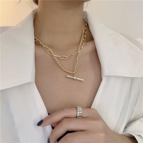 Hiphop Crystal T bands Pendant Necklaces for Women Punk Jewelry Multi Chains Chokers Necklaces Statement Chunky Necklace 2020