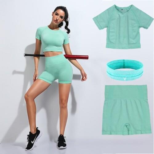 Summer Women Yoga Set Workout Sportswear Breathable Gym Clothing Fitness Shirt Top Crop High Waist Shorts Sports Suits Squat