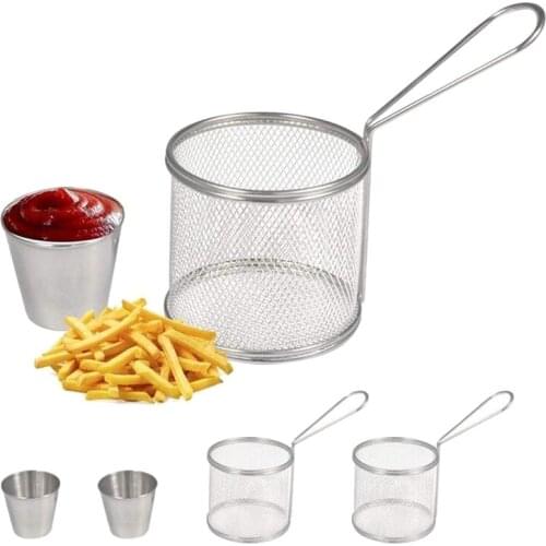 MLGB Fry Baskets Mini Round Stainless Steel French Fries Mesh Fryer Basket Holder Cooking Tool with Sauce Cup