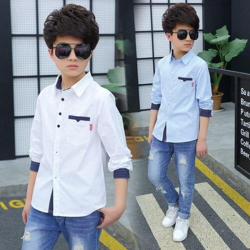 Fashion Boys Cotton Blouses Spring Autumn Kids Boys Long Sleeve Shirt Kids Clothes Children Fashion Turn-down Collar Shirt 5-14T