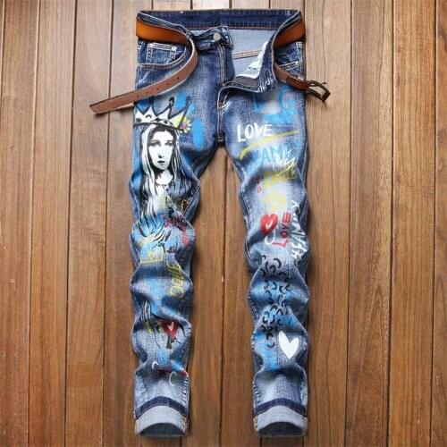 KIOVNO Mens Hip Hop Graffiti Jeans Patter Painted Streetwear Denim Trousers For Male Size 29-38