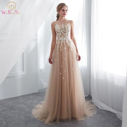 Champagne Prom Dresses Walk Beside You O-neck Transparent Lace Applique A-line Sleeveless Sweep Train Long Party Evening Gowns