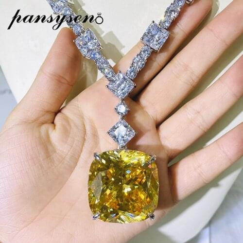 PANSYSEN Luxury 100% 925 Sterling Silver 30MM simulate Moissanite Citrine Gemstone Wedding Party Pendent Necklaces Fine Jewelry