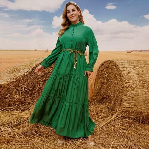 Spring Autumn Women Dress Plus Size 5XL Famale Stand Collar Long Sleeve Casual Boho Dress Green Maxi Long Dresses