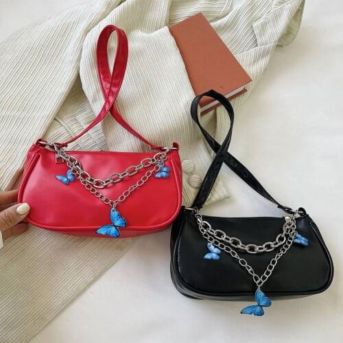 Vintage Women Butterfly Double Chain PU Leather Shoulder Underarm Bag Casual Solid Color Small Handbag Top-handle Handbag New