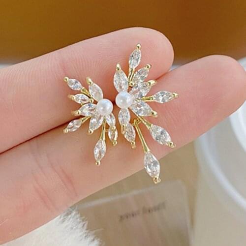 14k Real Gold Plated Jewelry Micro-inlaid Zircon Pearl Fireworks Asymmetric Flower Earrings Holiday Party Luxury Earring