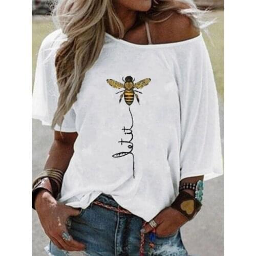 2021 Summer Woman Tshirts Casual Loose Honeybee Printing Polyester Shirts for Women Sexy Slash Neck Half Batwing Sleeve Tops