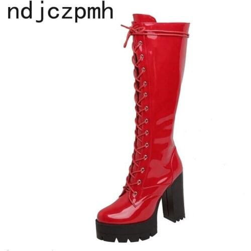 Autumn and Winter Women Boots Classic Fashion Sexy Round Head Lace-up Knight Boots 11CM Shoes for Women Plus Size 34-43 Black