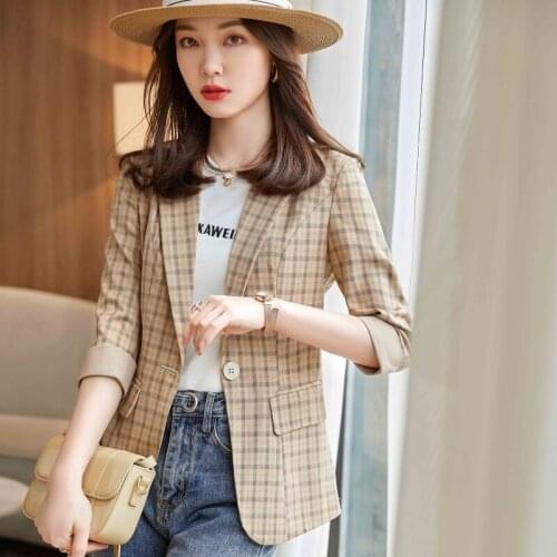 Novelty Plaid Spring Summer Half Sleeve Formal Blazers Jackets Coat for Women Professional Business Work Wear Outwear Blaser