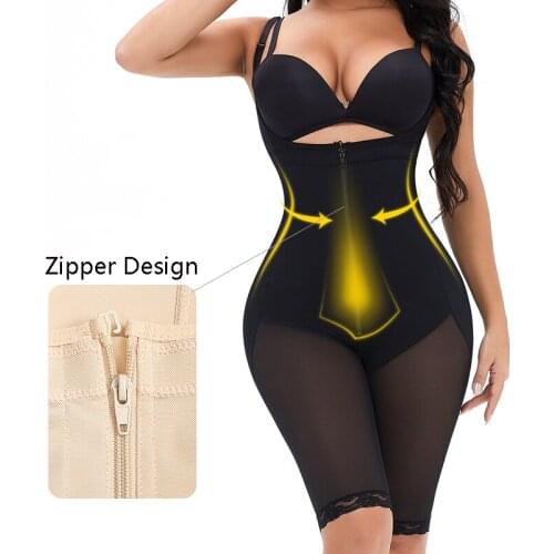 Plus Size Zipper Full Body Shapewear Underbust Slimming Butt Lifter Shaping Mid-Thigh Length Pants Tummy Control Underwear
