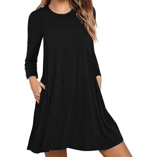 2021 Summer Leisure Round Neck Solid Color Mini Dress Skin-friendly Women Long Sleeve Pockets Tunic Dress Streetwear Daily Wear