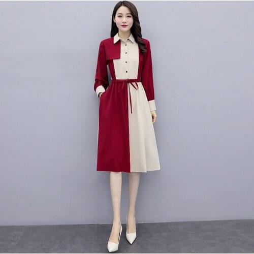 Shirt Dress 2020 Spring New Fashion Korean Color-matching Stitching Lace Up Slimming Mid-length Long-sleeved Dress Female K308