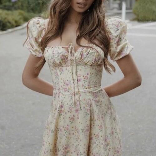 Summer midi dress women vintage party dresses sexy casual square neck puff sleeve dress floral elegant split dress short sleeve