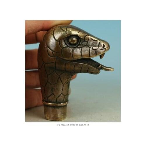 100% BRASS Pure Copper Brass Grandpa Good Lucky Old Chinese BRASS Handmade Carved Snake Collect Statue Walking Stick Head