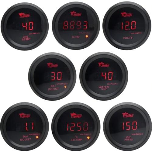 2'' 52MM Boost/Water Temp/Oil Temp/Volt/Tachometer/Oil Pressure Gauge Black Color Digital Red Led + Gauge Pods