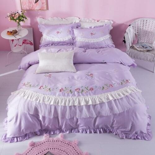 2018 purple pink Bedding Sets 4pcs Egyptian cotton Bed Linings Duvet Cover Bed Sheet Pillowcases Princess style Cover Set