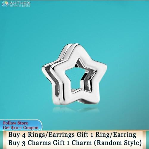 Ahthen 925 Sterling Silver Bead Silver Star Clip Charm fit Original Pandora Bracelets for Women Jewelry Making Girl Gift