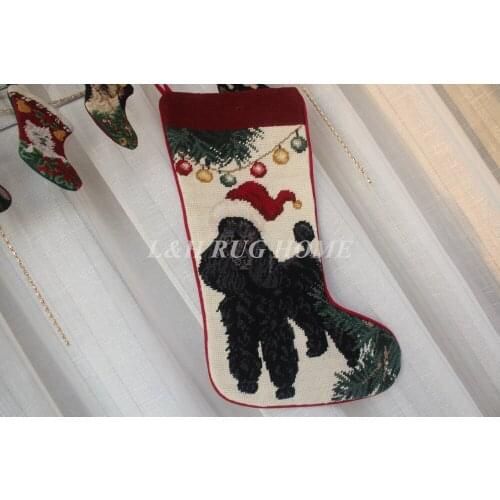Free Shipping Wool Handmade Christmas Gift Sock Needlepoint Santa Claus socks for Presents Dogs Design 28X43CM